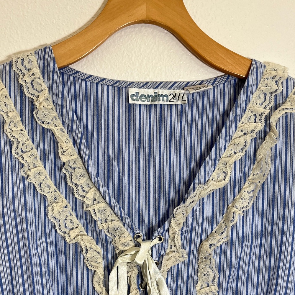 Denim 24/7 Blue Cotton Plus Size Striped Cream Lace-Trim Peasant Top - Picture 2 of 11